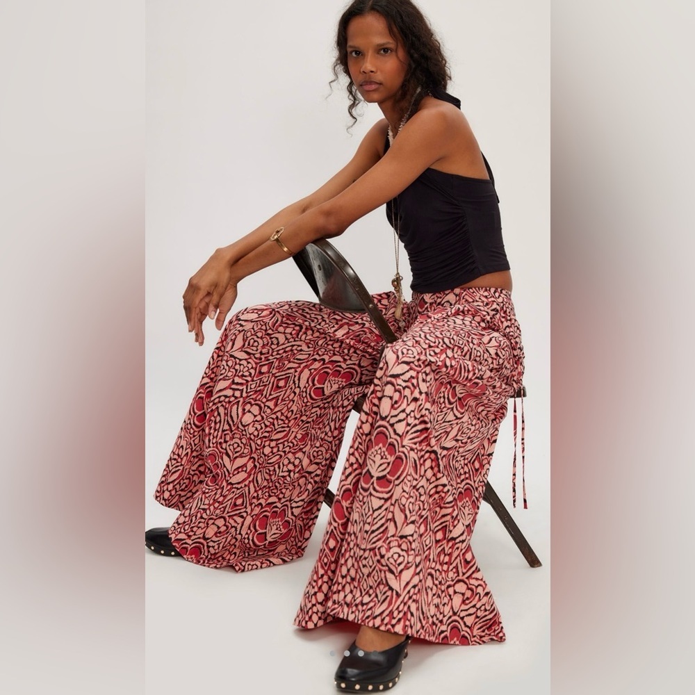 NWT Free People 0 Miss You Most Wide Leg Pants in Red Combo New Cotton Pockets - Picture 3 of 7